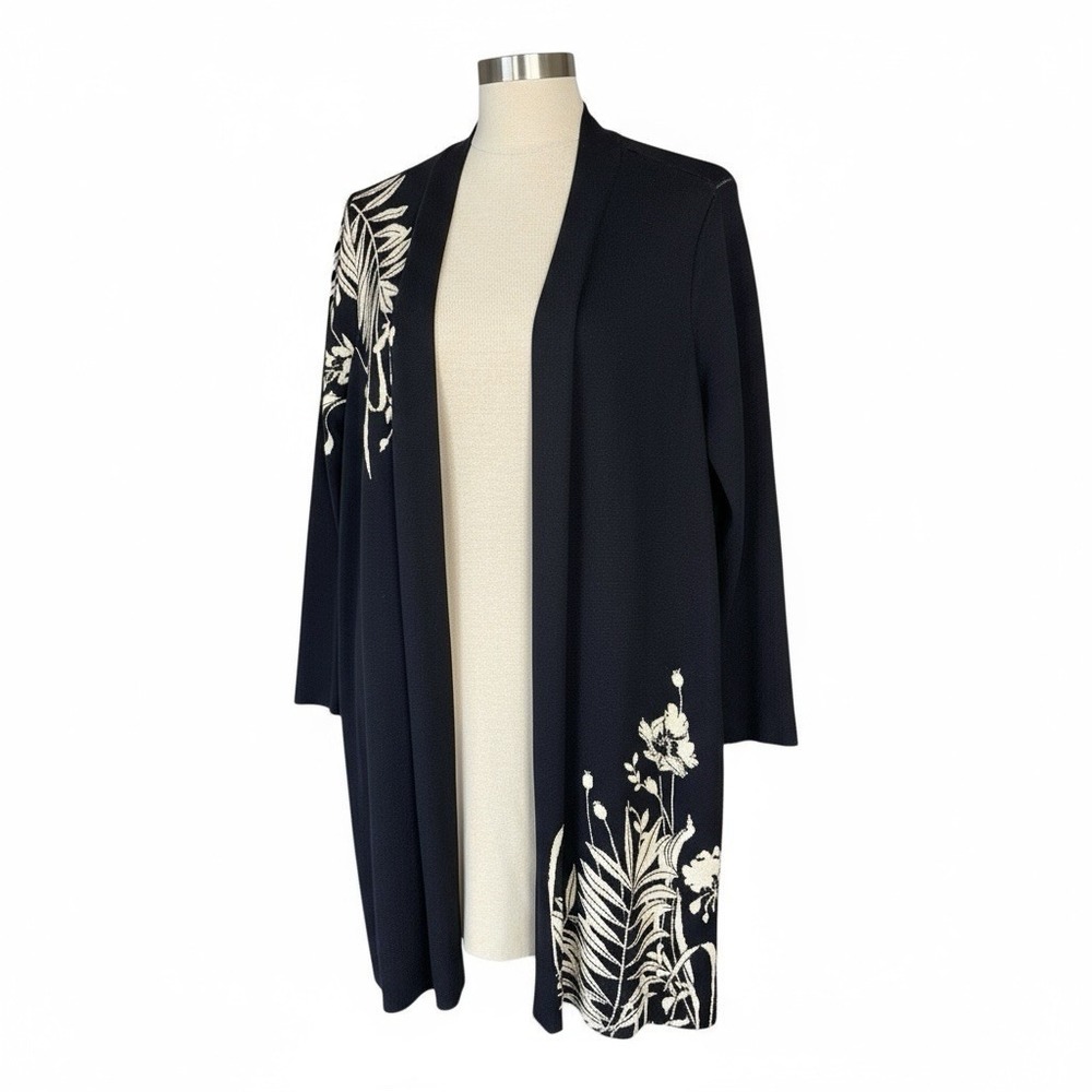 Alfani Women Long Black Cardigan Fern/Floral Open Front Long Sleeve Sz 1X